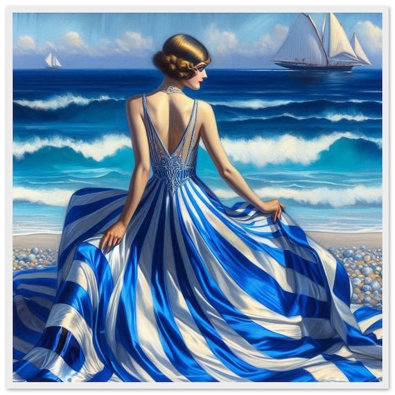 Art Deco Beach Print, Woman in Striped Dress, Framed Coastal Wall Art - Etsy