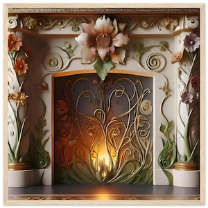 May include: A fireplace surround featuring intricate relief carvings of flowers and swirling vines in shades of cream, green, and muted orange. The central firebox is enclosed by a decorative metal screen with organic, flowing lines and a warm glow.