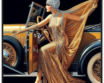 Lámina Art Déco de una mujer, estilo flapper de los años 20 con vestido dorado, enmarcada en madera negra.