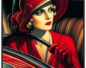 Art Deco Wall Art  &quot;Lady with Red Gloves&quot; Printed on Premium Matte Paper Framed in Black Wood. Art will be flat print, NO movement.