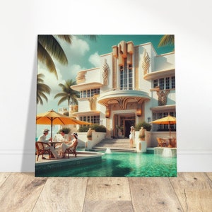 Art Deco Wall Art &quot;Art Deco Beach House&quot; Printed on Thin Canvas. Beachfront image for your home, office, or art deco gift.