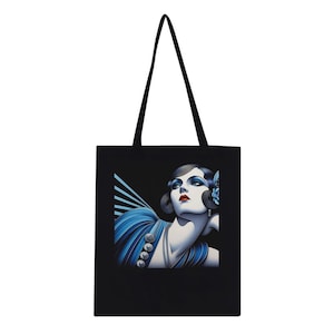 Tote Bag Art Deco &quot;Lady in Blue&quot; Classic Tote Bag in black, white, red, navy. Printed on both sides.