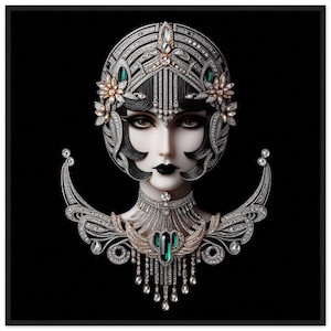 Quadro da parete Art Déco "Eleganza Gioiello" stampato su carta opaca di alta qualità e incorniciato in legno nero. Un regalo speciale per un amico dal gusto impeccabile.
