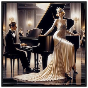 Quadro Art Déco "The Piano Fan" stampato su carta opaca di alta qualità con cornice in legno. Un'elegante donna e un pianista esaltano la musica raffinata. Regalo.