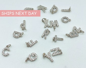 Silver Pave Initial Charms, Cubic Zirconia Alphabet Letter Charms, Initial Charms for Jewelery, Alphabet Pendant