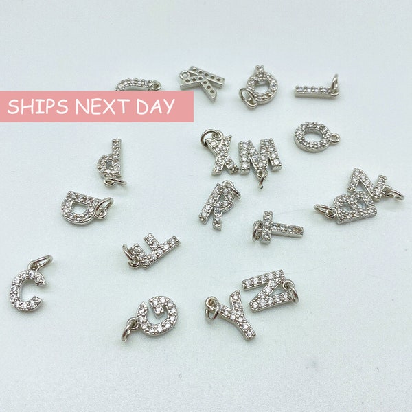 Silver Pave Initial Charms, Cubic Zirconia Alphabet Letter Charms, Initial Charms for Jewelery, Alphabet Pendant