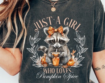 Comfort Colors Girl Raccoon Pumpkin Fall Shirt, Just a Girl Who Loves Pumpkin Spice Shirt, Halloween Outfits, Cute Fall Raccoon Tee