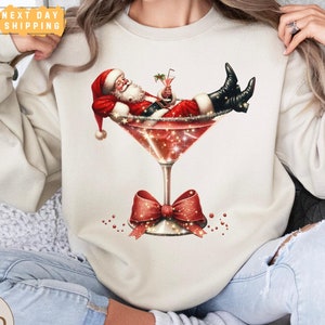Santa&#39;s Hot Mess Sweatshirt, Santa Christmas Martini Shirt, Festive Christmas Martini Sweatshirt,  Gift for Her, Women’s Holiday Gift