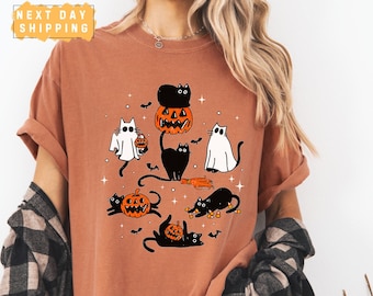 Halloween Black Cat T-Shirt, Comfort Colors Ghost Halloween Cat Pumpkin Shirt, Cat Mom Halloween Shirt, Spooky Season, Gift For Halloween