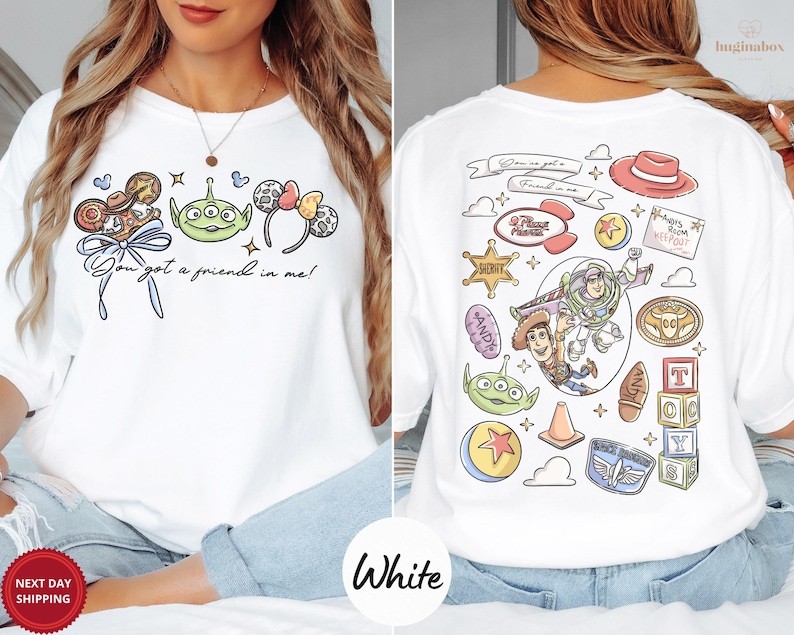 The image is a collage of two pictures, one showing the front of a white t-shirt with a cartoon character and text, and the other showing the back of the same t-shirt with various cartoon characters and text.