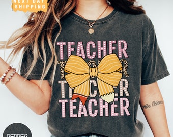 Teacher Shirt, Comfort Colors Coquette Teacher Shirt, Trendy Back to School Tee, Pencil Bow T-Shirt, Teacher Appreciation, New Teacher Gift