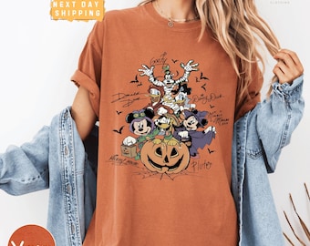 Camiseta retro de Disney Mickey y sus amigos con estampado de calabaza de Halloween, colores cómodos, camiseta de Mickey para pedir dulces, camiseta a juego para toda la familia de Halloween.