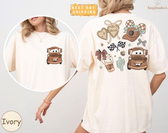 Vintage Disney Cars Mater Comfort Colors Shirt, Coquette Girly Two Sided Tee for Disneyland Trip, Cute Pixar Outfit for Park Days Vacations