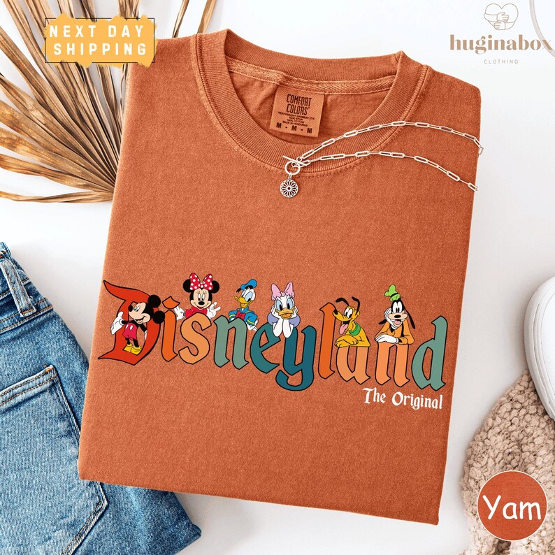 a t-shirt with a Disney logo, including characters like Minnie Mouse, Donald Duck, Goofy, and Mickey Mouse, along with the text "Disneyland The Original". The t-shirt is displayed on a white background, and there are some jeans and a necklace visible in the background.