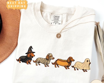 Halloween Dachshund Costumes Comfort Colors Shirt, Wiener Dog Tee, Spooky Dog Mom Halloween Shirt, Doxie Lover Gift