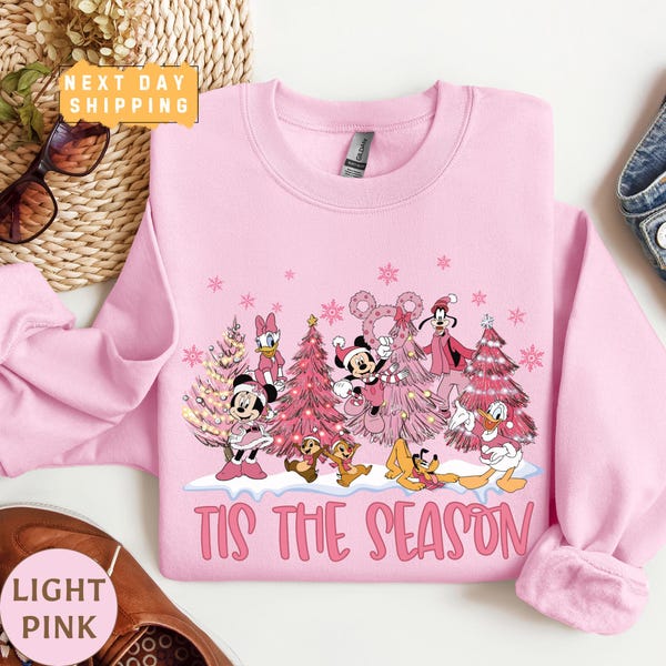 Vintage Tis the Season Magical Christmas Sweatshirt, Mouse Friends Pink Christmas Tree Sweater, Family Gift, Xmas Magical Gift for Her