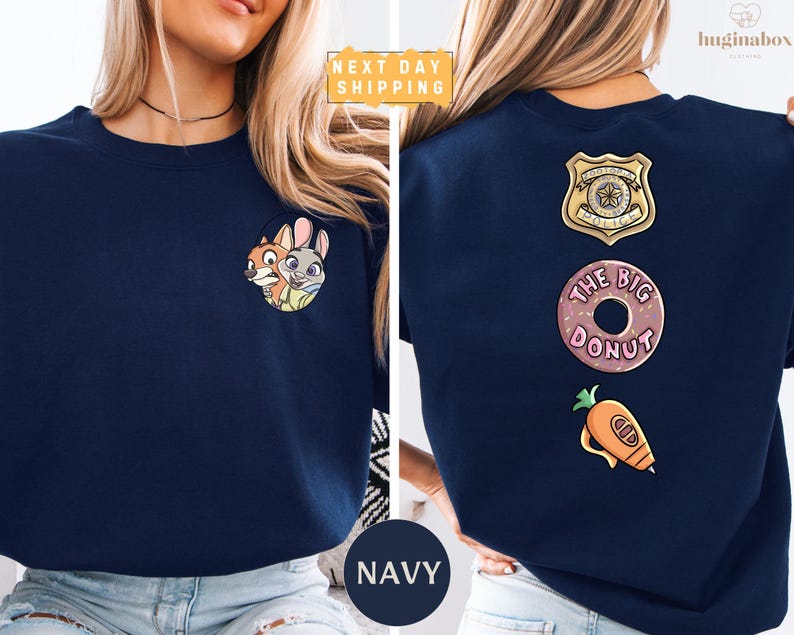 The image is a collage of two photos of a woman wearing a navy blue t-shirt with various cartoon and police-themed designs.