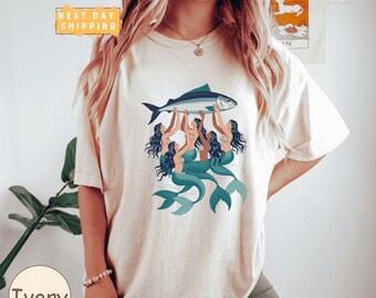 Funny Mermaid Sardine Comfort Colors Shirt, Coastal Humor Sea Creature Tee, Retro Ocean Graphic Shirt, Nautical Beach Gift Idea