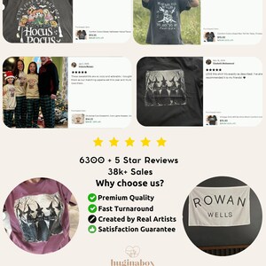 The image is a collage of six images featuring a t-shirt with a Halloween-themed design, a black t-shirt with a graphic, and a group of people wearing matching t-shirts. The images are accompanied by text that includes customer reviews, descriptions of the products, and the names of the artists or creators.