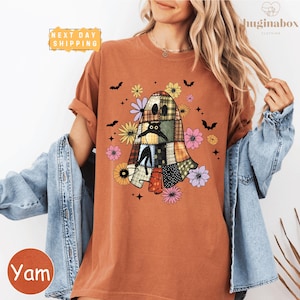 Patchwork Ghost Cat Comfort Colors Shirt, Cute Halloween Floral Ghost Tee, Spooky Fall Aesthetic Black Cat Top