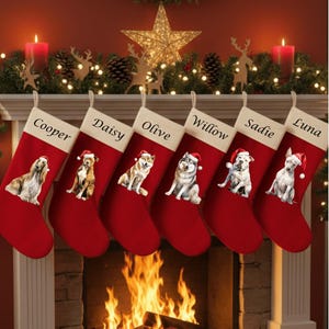 May include: Six red Christmas stockings with white tops hang above a fireplace. Each stocking features a different dog breed wearing a Santa hat and a name. The names are Cooper, Daisy, Olive, Willow, Sadie, and Luna. A star-shaped light and candles decorate the mantel.