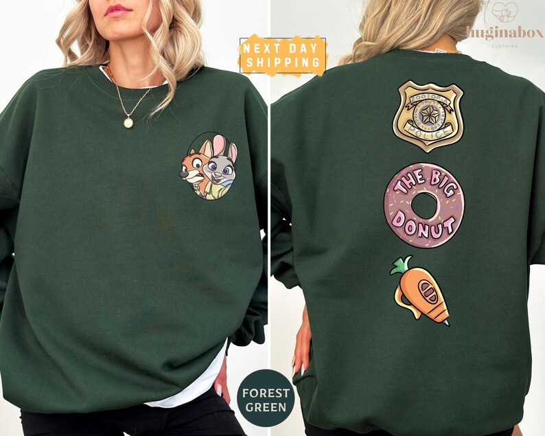 The image is a collage of two photos of a woman wearing a green sweatshirt with various cartoon characters and designs on the back.