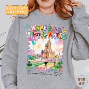 A person wearing a gray sweatshirt with a colorful graphic of Walt Disney World, featuring a castle, balloons, and fireworks.