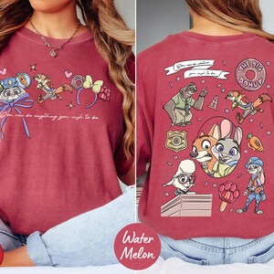 The image is a collage of two photos featuring a woman wearing a red t-shirt with a cartoon character design. The back of the t-shirt has a colorful and playful design with various cartoon characters and text.