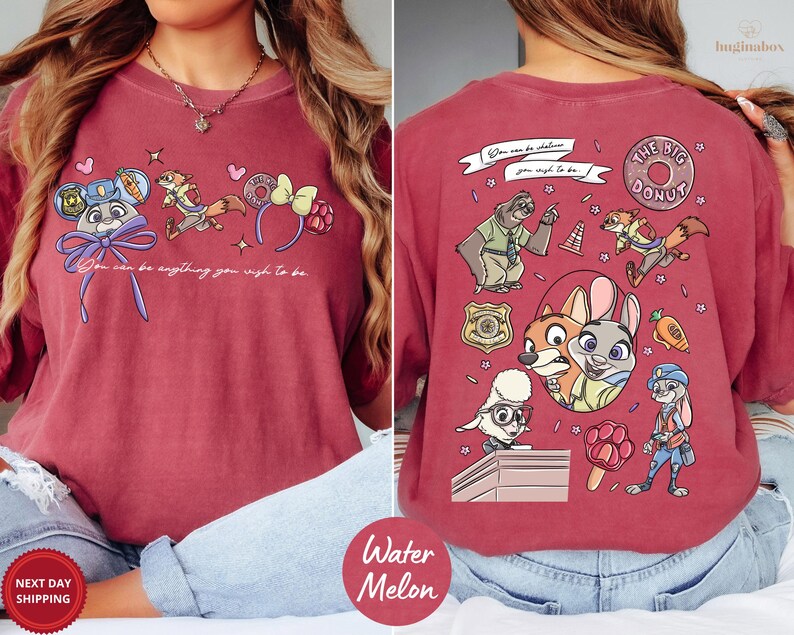 The image is a collage of two photos featuring a woman wearing a red t-shirt with a cartoon character design. The back of the t-shirt has a colorful and playful design with various cartoon characters and text.
