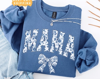 Mama Sweatshirt, Blue Ribbon Bow Crewneck, Cute Girly Aesthetic Mom Sweater, Chinoiserie-Inspired Cozy Sweatshirt, Trendy Mother’s Day Gift