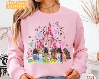 Retro Disney Princess Sweatshirt Watercolor Castle Pullover Disney Girls Trip Sweater Princess Gift Disneyworld Vacation 2025