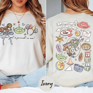 The image is a collage of two photos featuring a woman wearing a white t-shirt with various cartoon characters and icons printed on it.