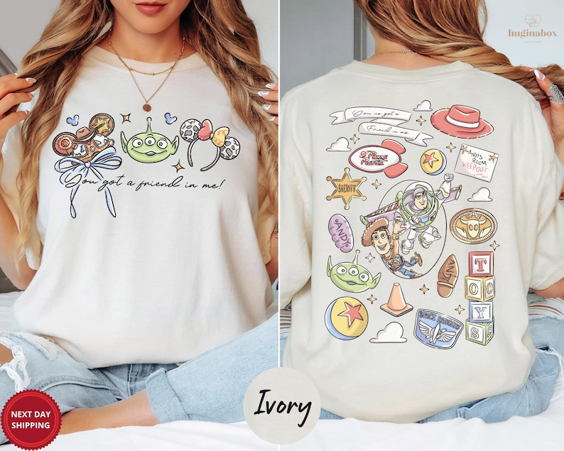 The image is a collage of two photos featuring a woman wearing a white t-shirt with various cartoon characters and icons printed on it.