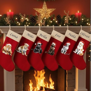 May include: Six red Christmas stockings with white tops hang above a fireplace. Each stocking has a different animal graphic wearing a Santa hat and a name: Luna, Milo, Bella, Leo, Nala, and Oliver. A star-shaped light and candles are in the background.