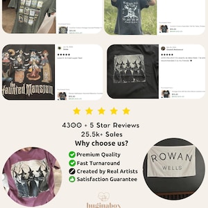 The image is a collage of five images featuring a person holding up a green t-shirt with a graphic design, a person wearing a black t-shirt with a graphic design, and two other images of t-shirts. The collage also includes text providing information about the t-shirt designs and the seller.