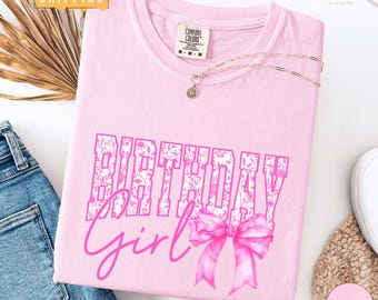 Pink Floral Bow Birthday Girl Comfort Colors Shirt, Cute Girly Varsity Script Tee Sweet Feminine Celebration Gift