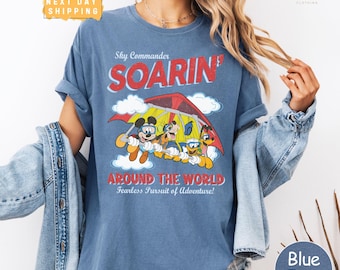 Camiseta vintage "Soarin' Around The World" con colores cómodos, camiseta de Mickey y sus amigos de Epcot, camiseta para vacaciones familiares en Disneyland 2025, regalo de Disney