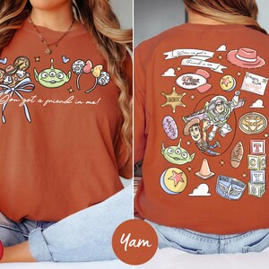 The image is a collage of two photos featuring a woman wearing a red t-shirt with various cartoon characters and designs on it.