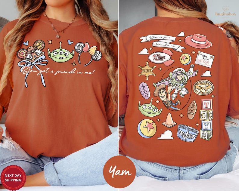 The image is a collage of two photos featuring a woman wearing a red t-shirt with various cartoon characters and designs on it.