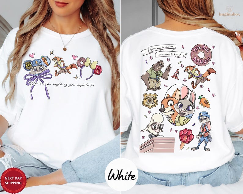 The image is a collage of two pictures, one showing the front and the other the back of a white t-shirt with a cartoon character design.