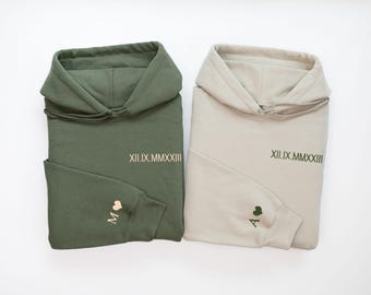 Custom Embroidered Roman Numeral Hoodie, Personalized Date Sweatshirt, Couples Matching Anniversary Gift, Engagement Gift, Initial on Sleeve
