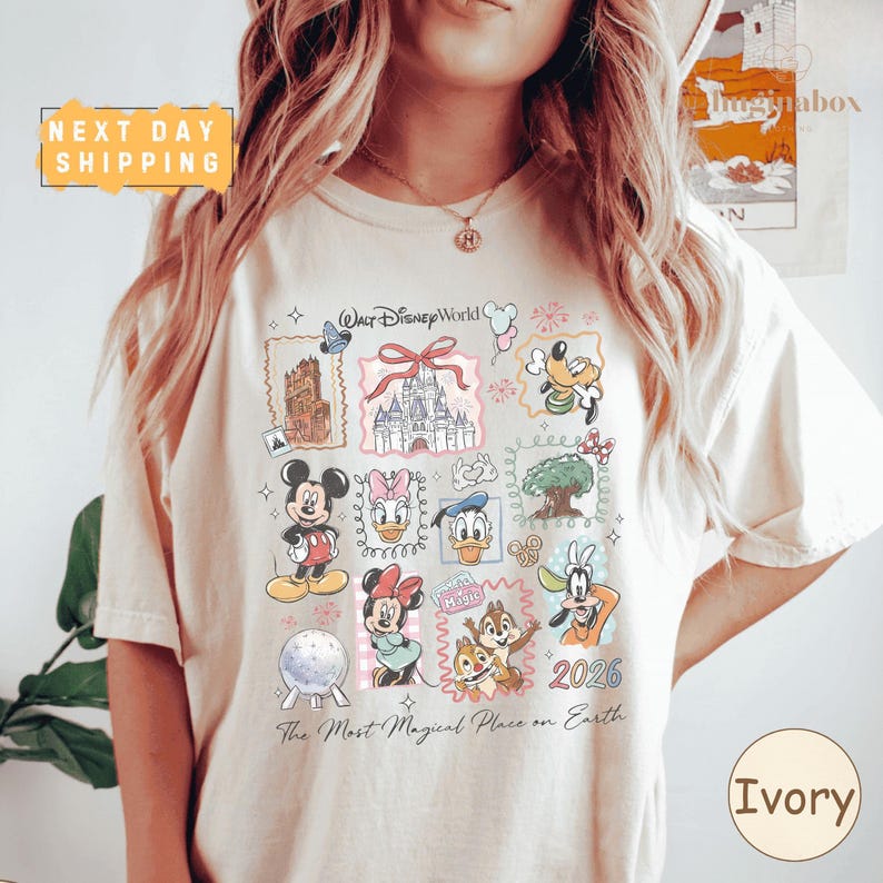 A woman wearing a white t-shirt with a collage of Disney characters and a text overlay that says "The Most Magical Place on Earth".