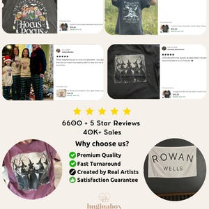 The image is a collage of six images featuring a t-shirt with a Halloween-themed design, along with various reviews and comments about the t-shirt.