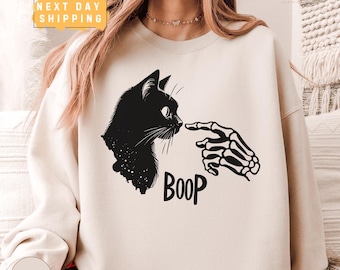 Cat Boop Halloween Sweatshirt, Skeleton Hand Cat Sweater, Spooky Cat Lover Pullover, Halloween Cat Mom Fall Shirt
