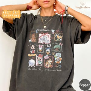 A person wearing a black t-shirt with a graphic design featuring various Disney characters and the text "The Most Magical Place on Earth" printed on it.