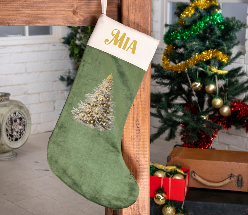 Personalized Christmas Stockings Velvet Stocking for Holiday Decoration Applique Stocking, Family Name Stocking, Christmas Gift for Family image 2