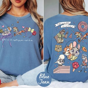 The image is a collage of two photos featuring a woman wearing a blue t-shirt with a cartoon character design. The back of the t-shirt displays the cartoon character and various other cartoon-style elements.