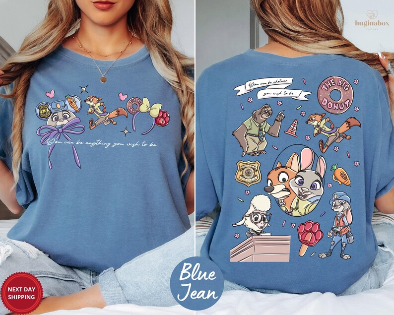 The image is a collage of two photos featuring a woman wearing a blue t-shirt with a cartoon character design. The back of the t-shirt displays the cartoon character and various other cartoon-style elements.