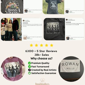 The image is a collage of six images featuring a t-shirt with a Halloween-themed design, a black t-shirt with a graphic, and a group of people wearing matching t-shirts. The images are accompanied by text that includes customer reviews, descriptions of the products, and the names of the artists or creators.