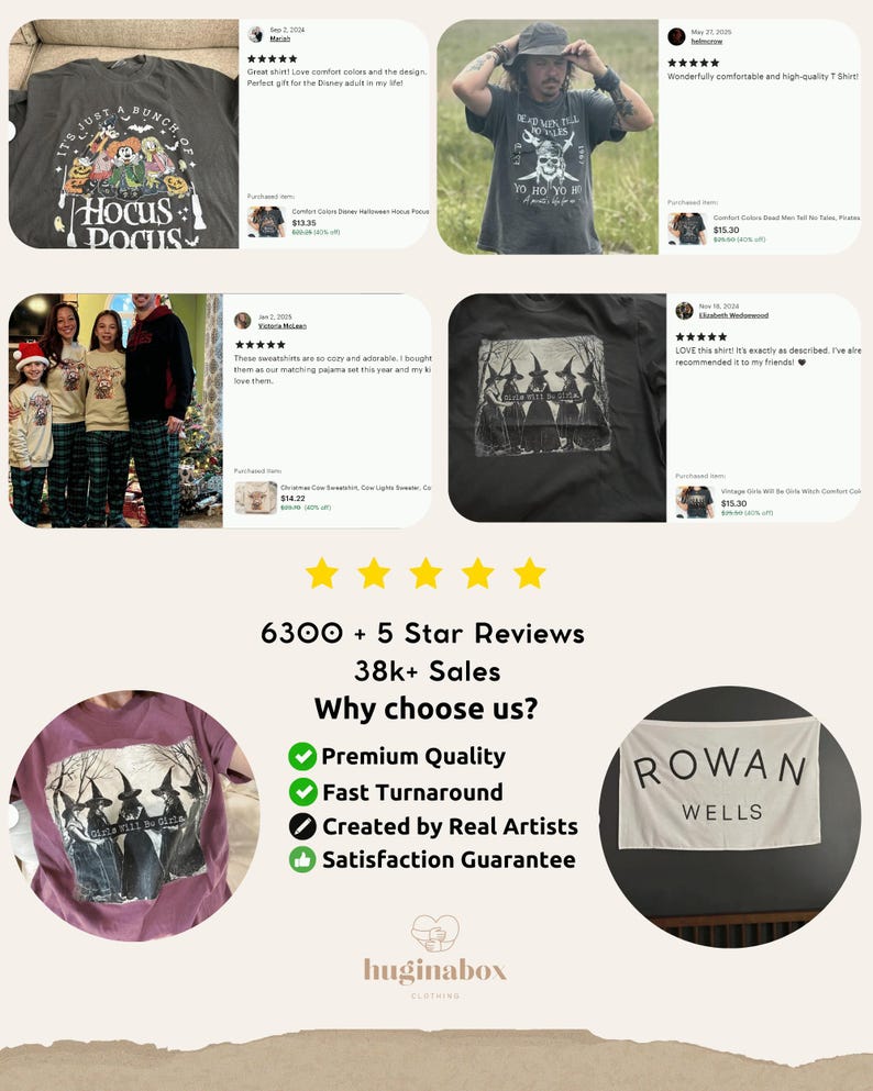 The image is a collage of six images featuring a t-shirt with a Halloween-themed design, a black t-shirt with a graphic, and a group of people wearing matching t-shirts. The images are accompanied by text that includes customer reviews, descriptions of the products, and the names of the artists or creators.